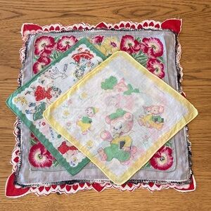 Seven Vintage Handkerchief Cotton Floral Embroidered Crocheted